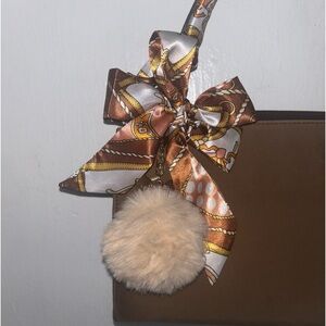 Twilly Silk Handbag Headband Neck Tie Scarf Cream Brown Orange